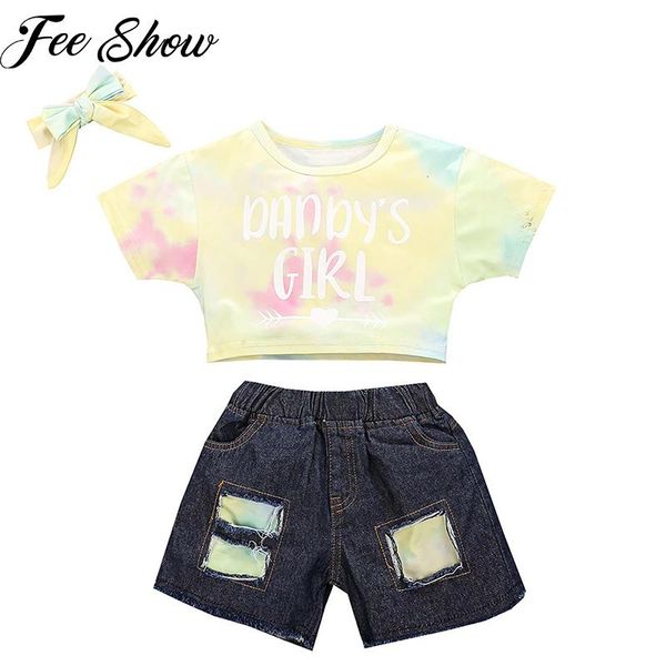 

kids baby girls summer short sleeve tie dye t-shirts jeans shorts headband toddler children casual clothes sets 3pcs 1-6y clothing, White