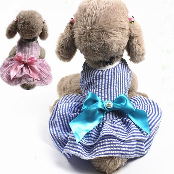 

dog apparel pink blue strips prom dresses for princess girl party dress clothes summer with big bow pet hoodie tutu bubble skirt