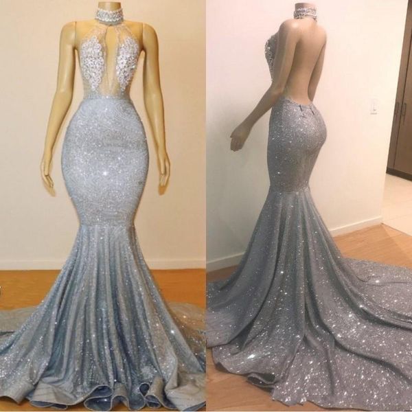 

party dresses silver evening mermaid high neck prom gowns sequins backless formal modest wear for custom made 2021 plus size, White;black