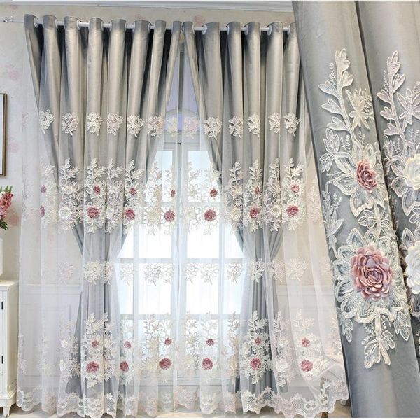 

curtain & drapes european 3d flower embroidery luxury home decoration modern tulle fabrics beige sheer panel window treatment