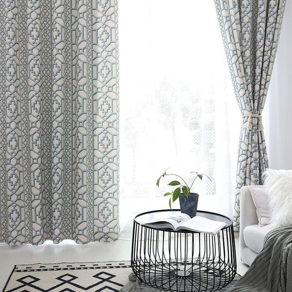 

blue wall stone window]the curtain is the fabric of living room dining modern cotton and linen printed & drapes