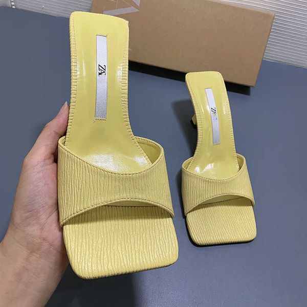 

zar 2021 summer women sandals femme fashion square toe high heels outer wear yellow slippers women sandalias de mujer y0721, Black