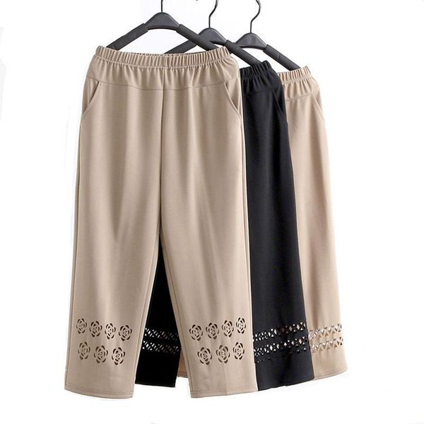 

middle aged and old women capris summer thin elastic waist loose casual cropped pants plus size xl 5xl mother clothing, Black;white