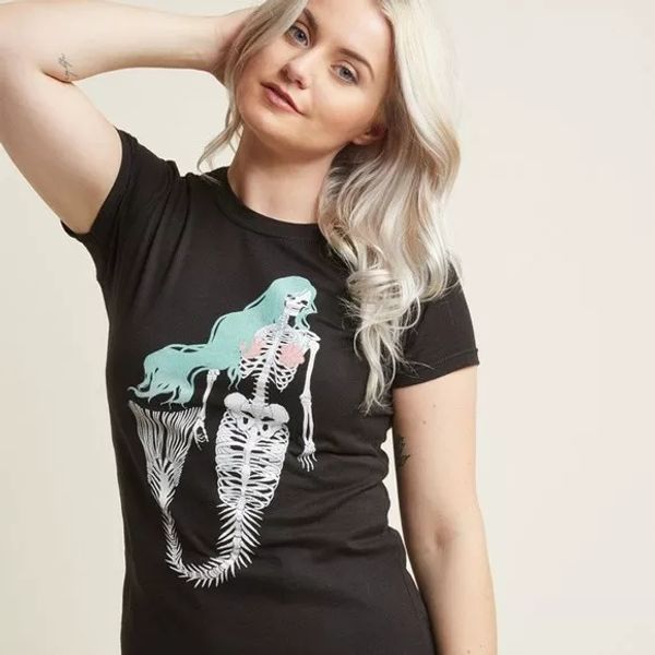 

mermaid skeleton skull girls women's junior fit t-shirt nwt xs-3xl, White;black