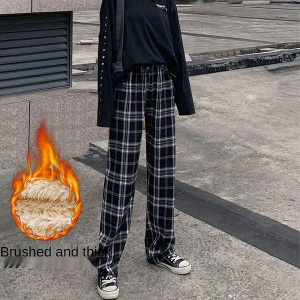 

women's pants & capris trousers checkered 2021 thicken wide-leg high-waist straight-leg student casual plaid women, Black;white