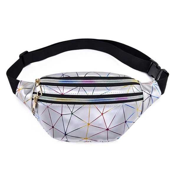 

flashing holographic waist bags women silver fanny pack female belt bag black geometric packs laser chest phone pouch