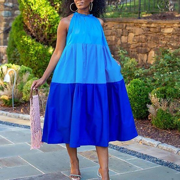 

fashion women casual a-line shape loose dress sleeveless color block dresses, Black;gray