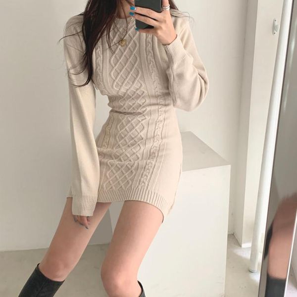 

women's sweaters korean 2021 autumn winter women knitted female long sleeve sweater dress black grey beige casual streetwear w1258, White;black