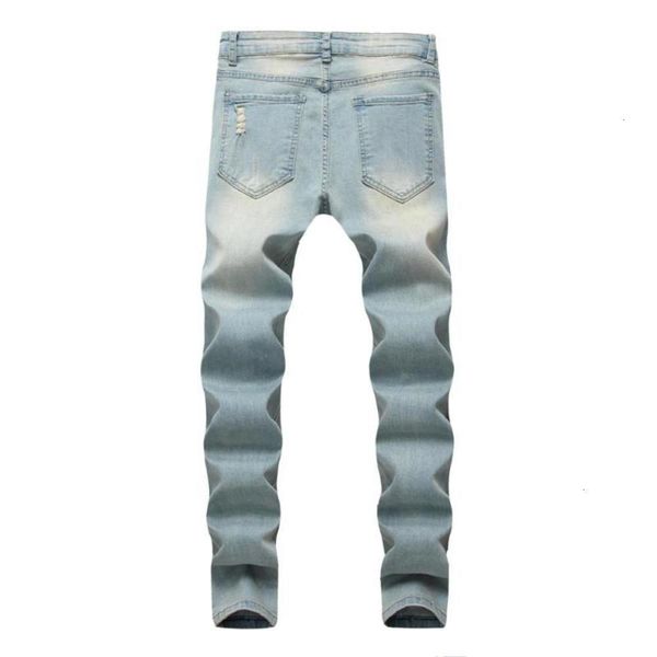 

mens fashion washing jeans casual denim pants distressed slim stretch cowboy biker hip hop street male jeansgh, Blue