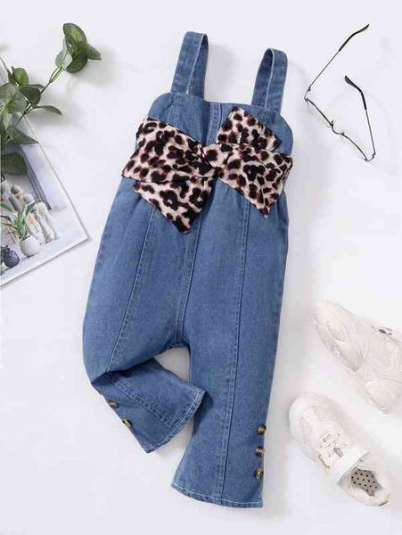 

baby leopard print bow front fake button denim overalls she, Blue