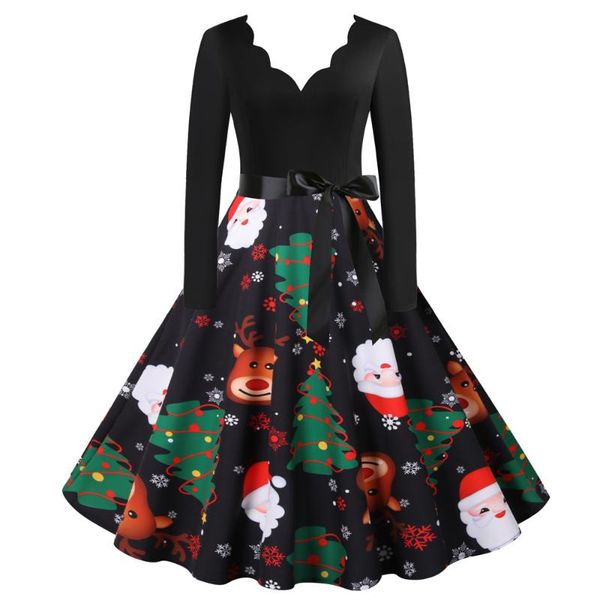 

casual dresses spring summer fall christmas santa claus reindeers print v neck bow long sleeve women ladies party short skater dress, Black;gray