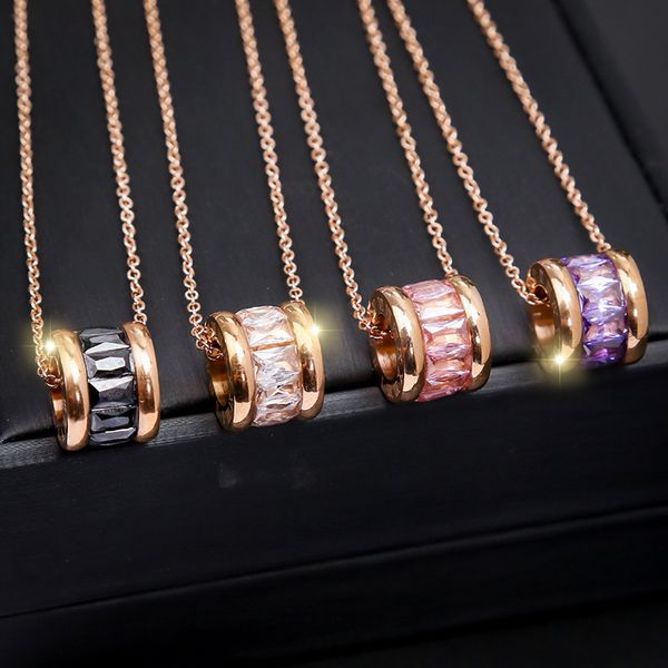 

korean style luxury titanium steel purple pink zirconia cylinder pendant necklace, Silver