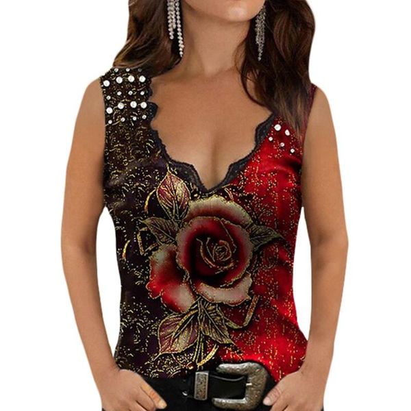 

women's t-shirt 3d rose printed hollow out sleeveless shirt women summer casual v neck fashion tshirt vest plus size party club tank to, White