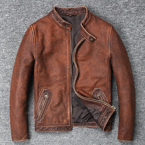 Jaqueta de couro de vaca real homens ficar casual casual vintage casaco de couro genuíno casaco de motocicleta chaquetas hombre wpy2478