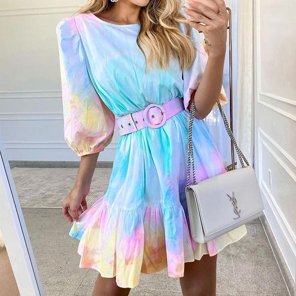 

casual dresses tie dye puff sleeve ruffles dress for women elegant ladies round neck high waist belt mini fall spring, Black;gray