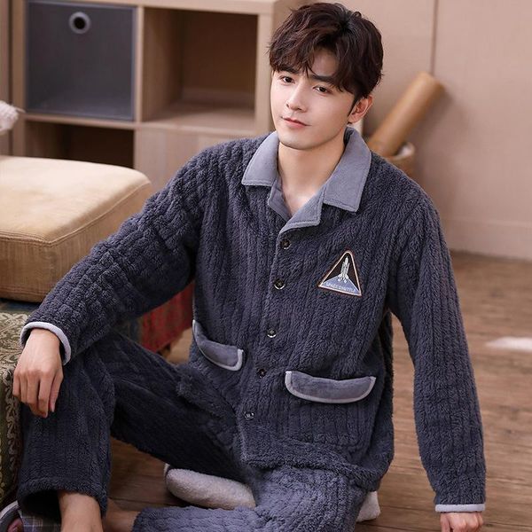 

men's sleepwear men big size 3xl pajamas set flannel 2pcs long sleeve shirt&shorts male winter pyjamas suit soft nightwear home wear, Black;brown