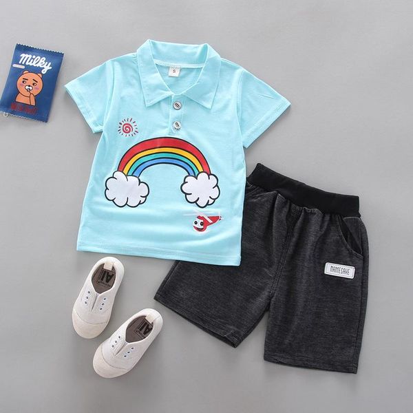 

clothing sets 2021 summer products kids cute rainbow striped collar shirt boys trendy fan short sleeve two-piece set tracksuit outfits, White