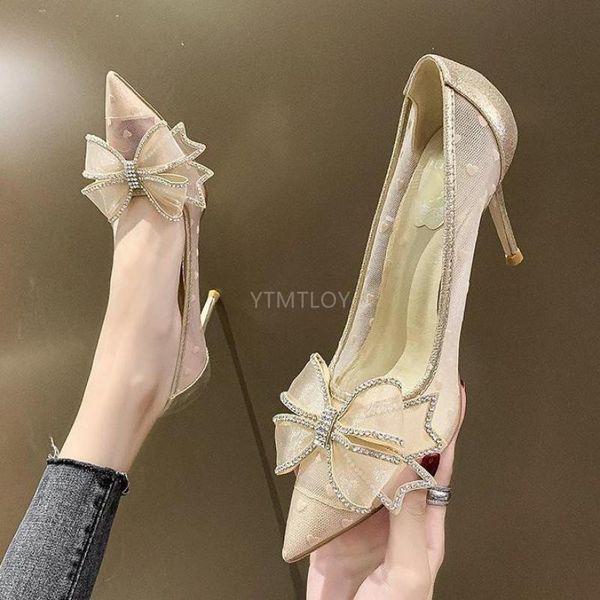 

dress shoes stiletto women's 2021 shallow mouth crystal wedding bowknot pointed zapatos de mujer plataforma, Black