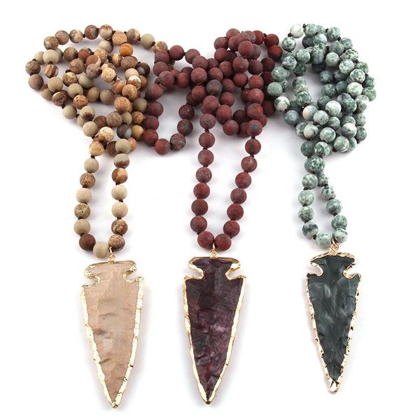 

pendant necklaces fashion bohemian tribal jewelry natural stone knotted arrowhead women ethnic necklace, Silver