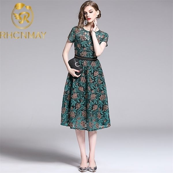 

plus size summer lace dress vintage women floral embroidery short sleeve midi elegant hollow out dresses 210520, Black;gray