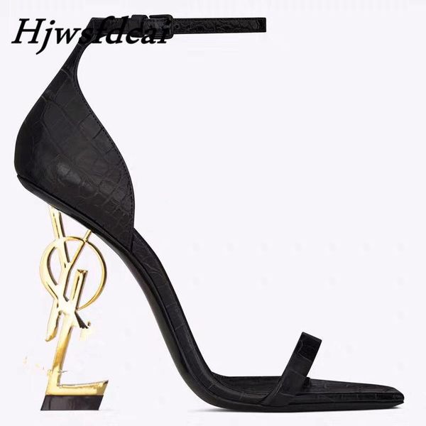 

sandals hjwsfdcai brand plus size leather 41 42 43 44 shoes women ankle strap high heel party stilettos sapatos de mujer, Black