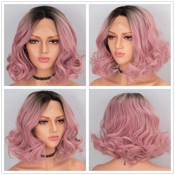 

scheherezade ombre pink wig short wavy synthetic lace front wigs for black women high temperature fiber bob cosplay wigs1