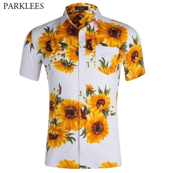 

hawaiian mens sunflower print beach wear shirts summer men short sleeve button down tropical aloha shirts with pocket 210522, White;black