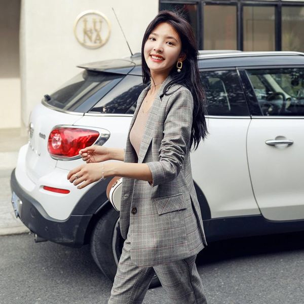 

two piece dress women clothes plaid suit jacket high waist wide leg pants female fashion casual british style two-piece set, White