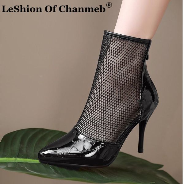 

boots women's stiletto heels ankle woman ladies lace mesh net for spring summer female pointy toe white booties 33-45, Black