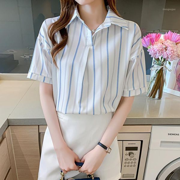 

women's blouses & shirts chiffon loose fashion casual short sleeve blusas stripe v-neck summer houthion, White