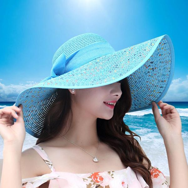 

summer female sun hats visor hat big brim solid folding straw casual outdoor beach cap for women uv protection wide, Blue;gray