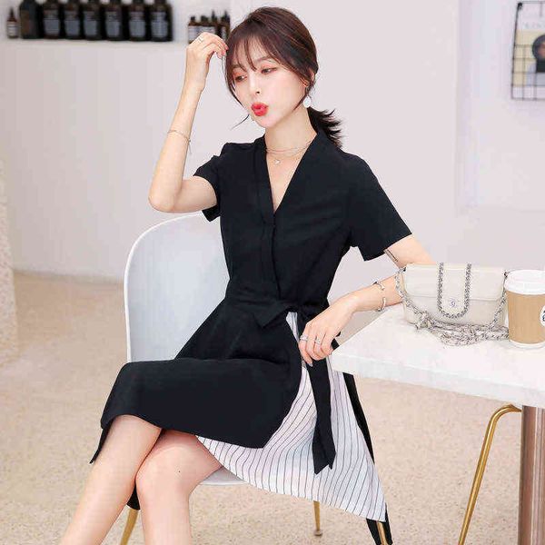 

casual dresses v-neck summer dress 2022 fashionable scheming temperament high waist a-line small black skirt, Black;gray