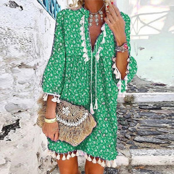 

vintage print v neck tassel womens dress mini casual loose three quarter sleeve beach spring summer party femme, Black;gray
