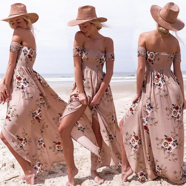 

casual dresses women strapless off shoulder floral printed short sleeve long maxi dress summer bohemian style beach sundress, Black;gray