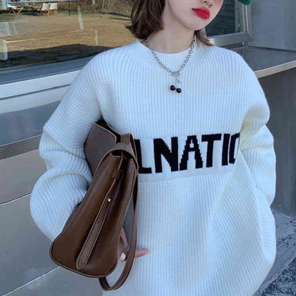 

women's hoodies & sweatshirts carta preguiÃ§oso em torno do pescoÃ§o exterior usar camisola de malha feminino versÃ£o coreana solto gross, Black