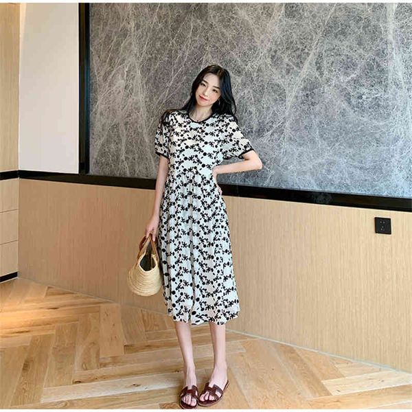 

korean fashion summer womens dress elegant fashion sweet o-neck floral chiffon dress puff sleeve french casual loose, Black;gray