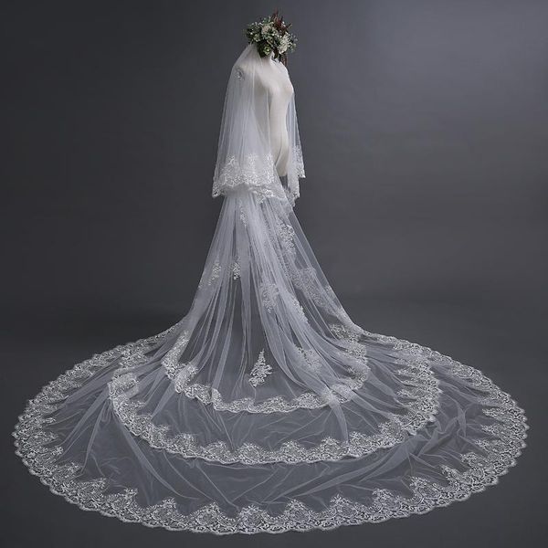 

bridal veils veil cathedral lace trim 3 layers long wedding dress, Black