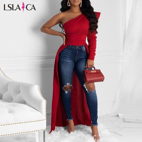 

fashion women blouses one shoulder puff sleeve irregular elegant solid color female short front long back autumn 210520, White