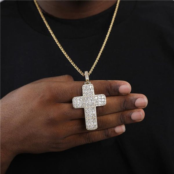 

pendant necklaces hip hop bling iced out cubic zircon cross pendants copper necklace for men jewelry with tennis chain choker male gifts, Silver