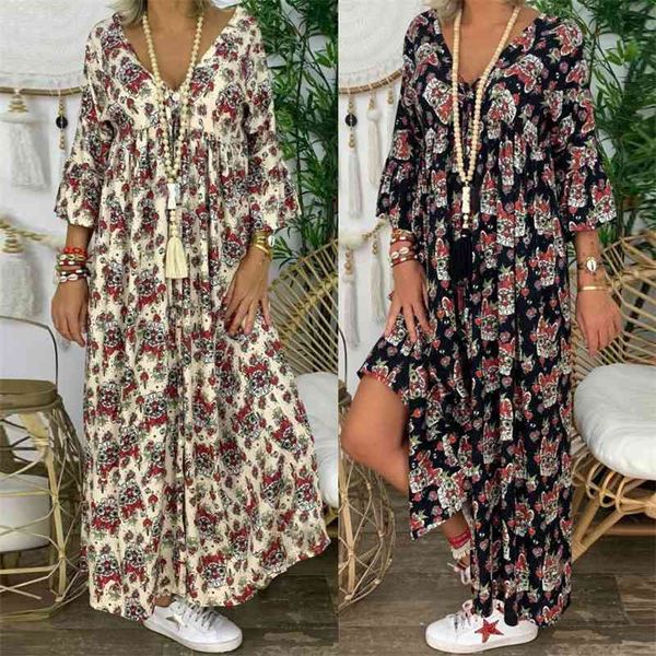 

dresses for women vestidos de mujer casual women's ladies loose plus size print long sleeve v-neck long maxi dress # 201025, Black;gray