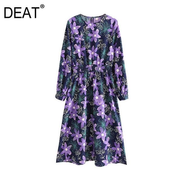 

[deat] temperament elegant summer round neck high waist knee-length long sleeve printing dress fashion 13d036 210527, Black;gray