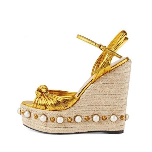 

dress shoes gold buckle strap platform wedge sandal for woman summer peep toe rivets and pearls decorations gladiator, Black