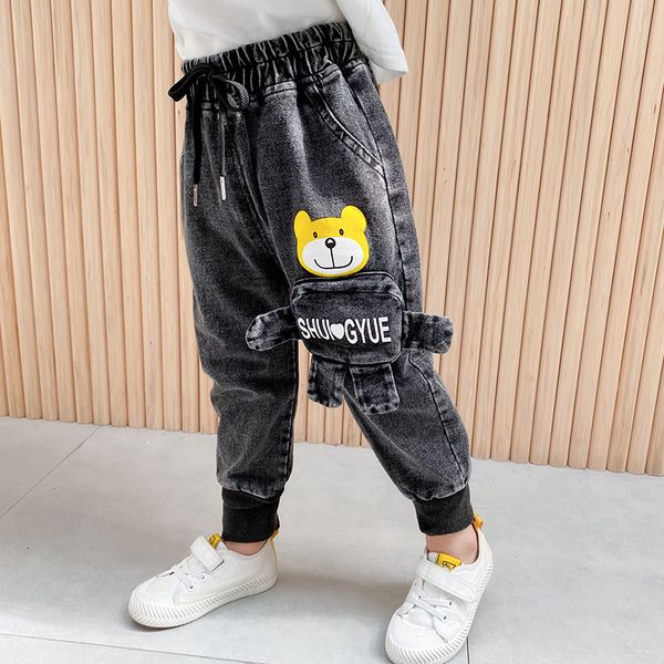 

toddler clothes baby boys jeans cartoon bear patch design denim pants elastic waist pencil pants 12m 24m 3 4 6 7 years son jeans, White
