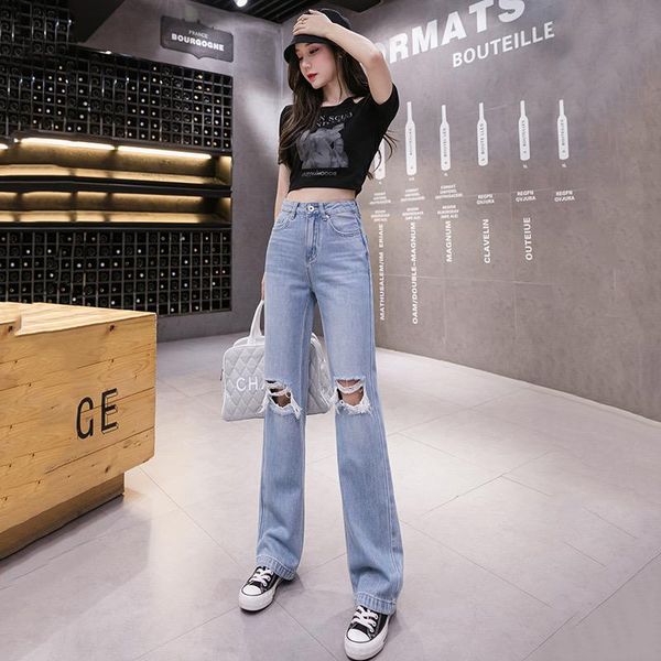 

women's jeans summer ripped korean version of light-colored loose casual straight wide-leg trendy denim trousers ws07, Blue