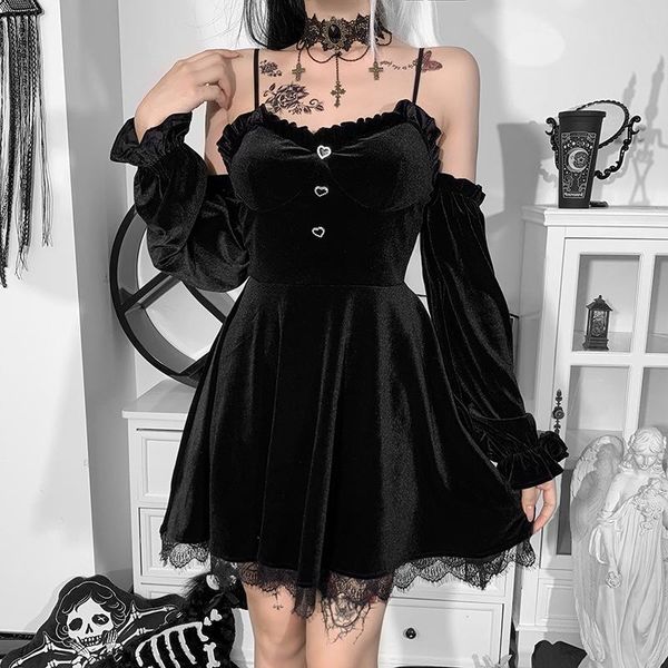 

casual dresses gothic dark lolita style velvet sling long sleeve lace women dress streetwear high waist autumn winter y2k clothes, Black;gray