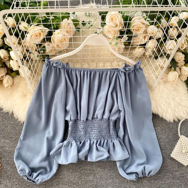 

women's blouses & shirts spring autumn korean the solid color one-line collar lantern sleeve strapless pullover blouse ll949, White