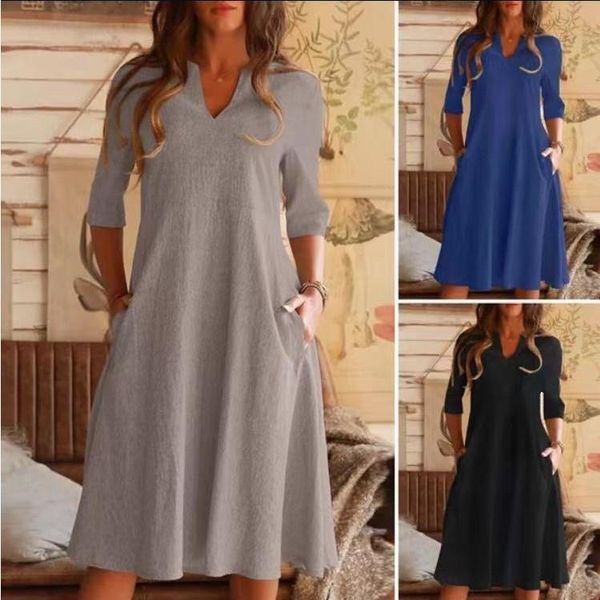 

party dresses v-neck solid cotton linen pocket medium sleeve dress 8891, White;black