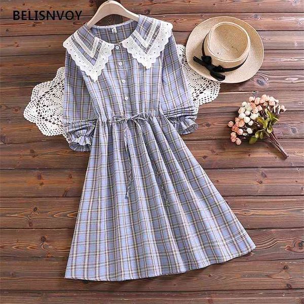 Giapponese Mori Girl Autunno Primavera Donna Plaid Abito in pizzo Doppio strato Peter Pan Collor Abiti Elegante Carino Viola Blu Abiti 210520