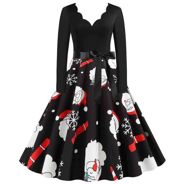 

new year party dress winter casual women clothing long sleeve v neck big swing santa claus print dress vestidos plus size y1204, Black;gray