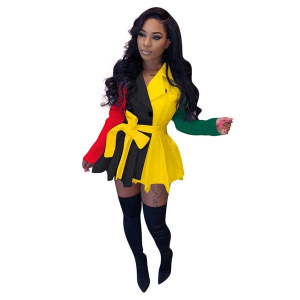 

autumn winter dress women patchwork long sleeve pleated blazer dress with belt night club party short dresses for women, Black;white